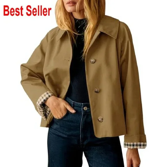 Cropped Trench Coat Oversized Chic Classic Button Down Lapel Jacket - Picture 2 of 8